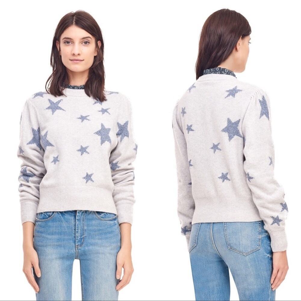 New Rebecca Taylor Star Intarsia Pullover Wool Blend Puff Sleeve Sweater Medium